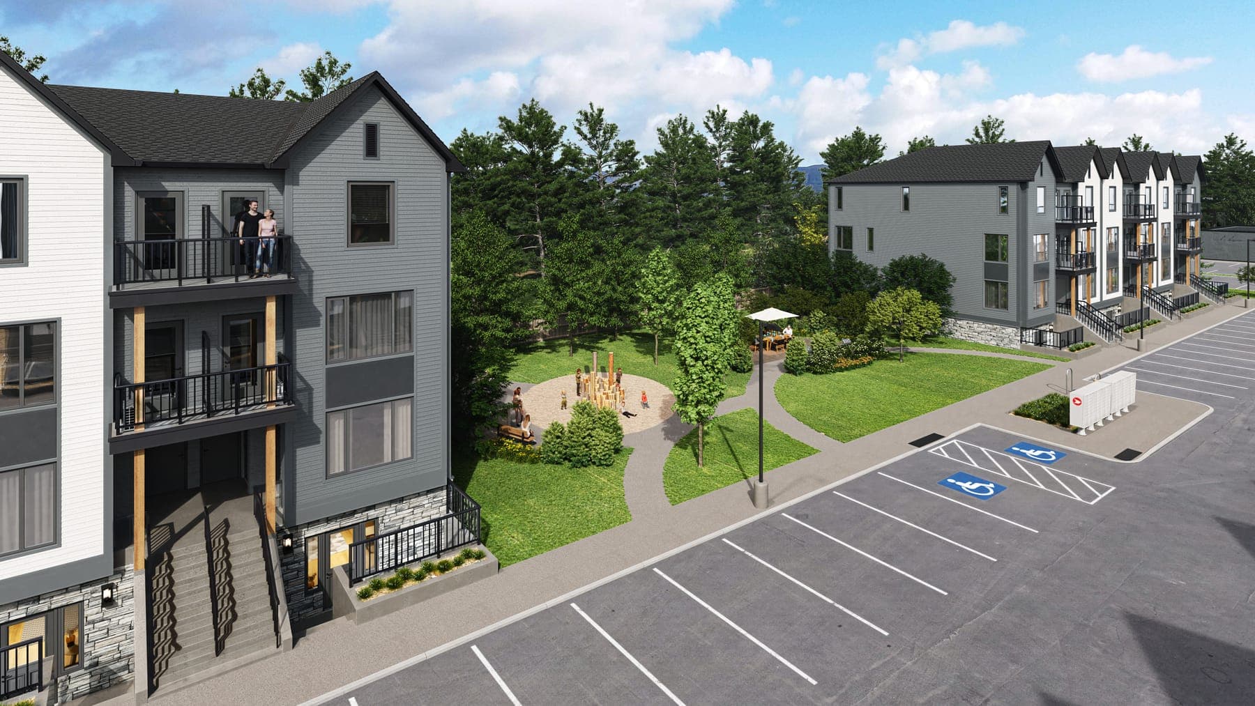 Rendering of the community's central green with a play area, between two blocks.