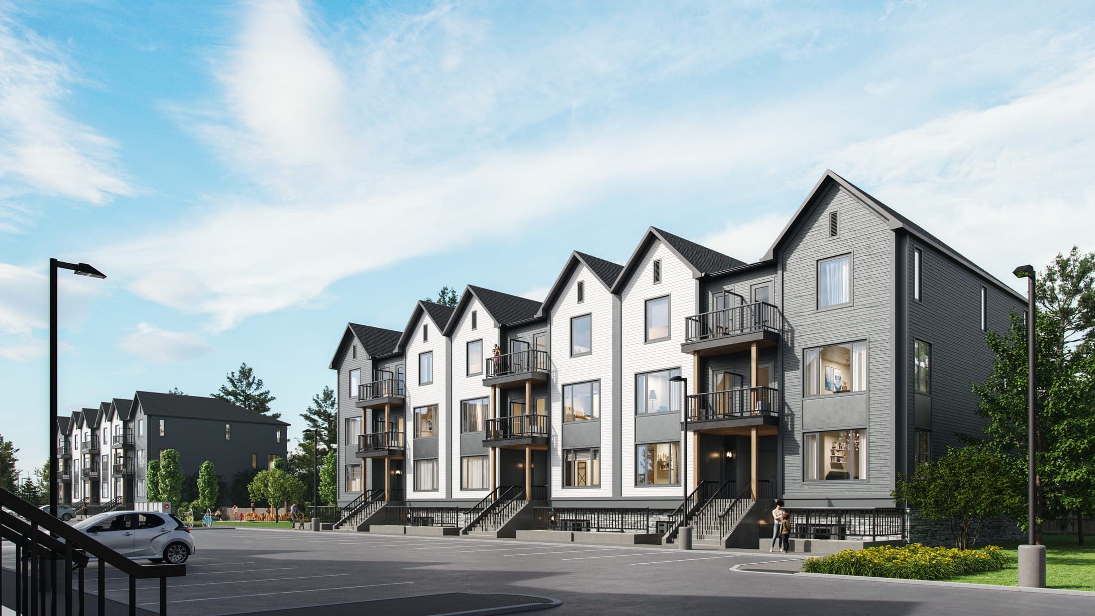 Rendering of Marquis Modern Towns: three-storey stacked towns with gabled roofs, balconies and front steps along a landscaped lane.
