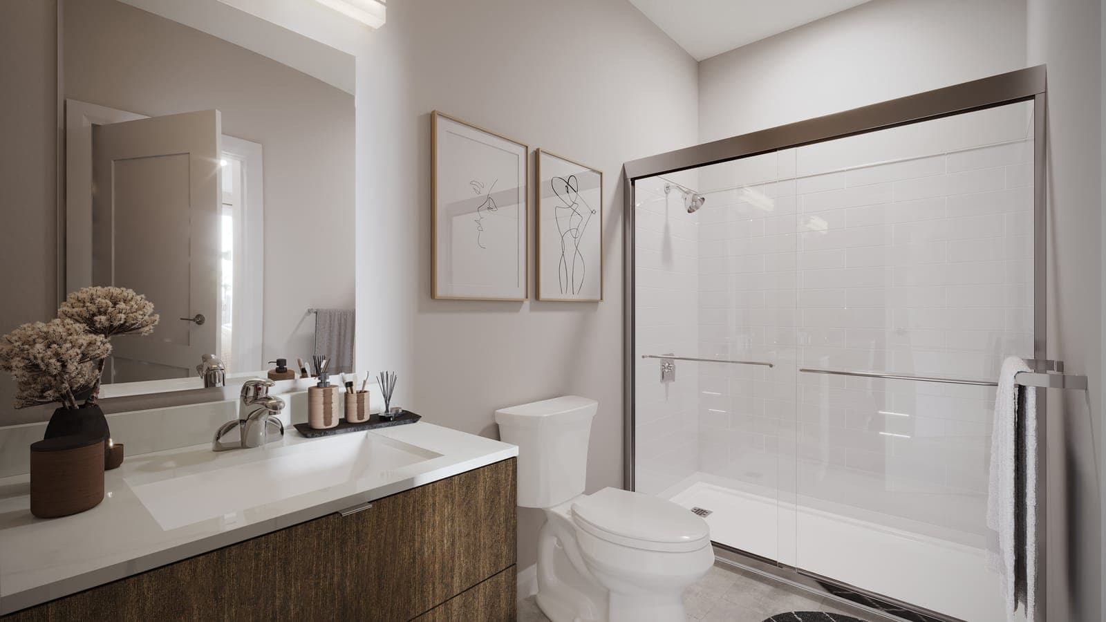 Rendering of a bathroom with a quartz vanity and a glass shower.