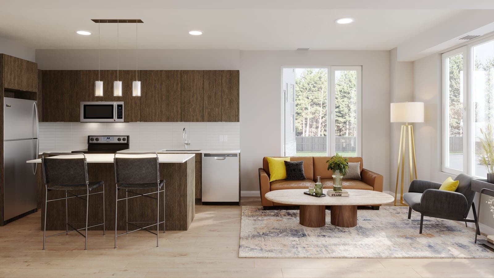 Rendering of a kitchen with wood-tone cabinets and an island with stools.