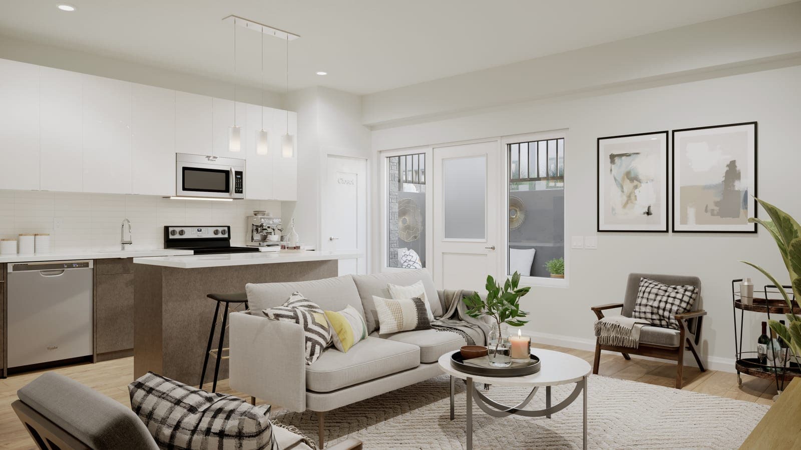 Rendering of a white kitchen with an island, open to a living room.