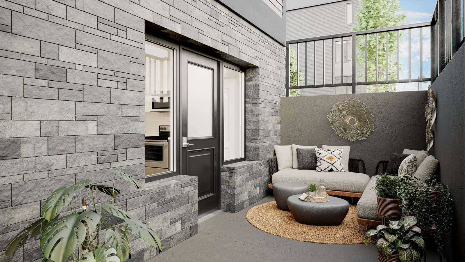 Rendering of a terrace home's private sunken patio with lounge seating.
